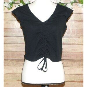 Roxy Black Cropped Knit Rib Top Size L Short Ruffle Sleeve Ruched Tie Up V-Neck